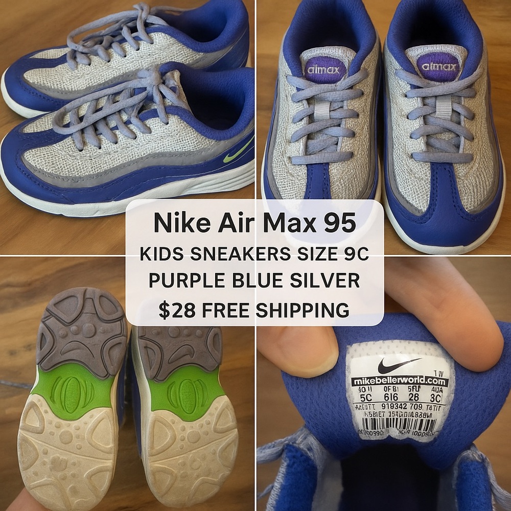 Nike Air Max 95 Kids Shoes Size 9C Purple Blue Silver